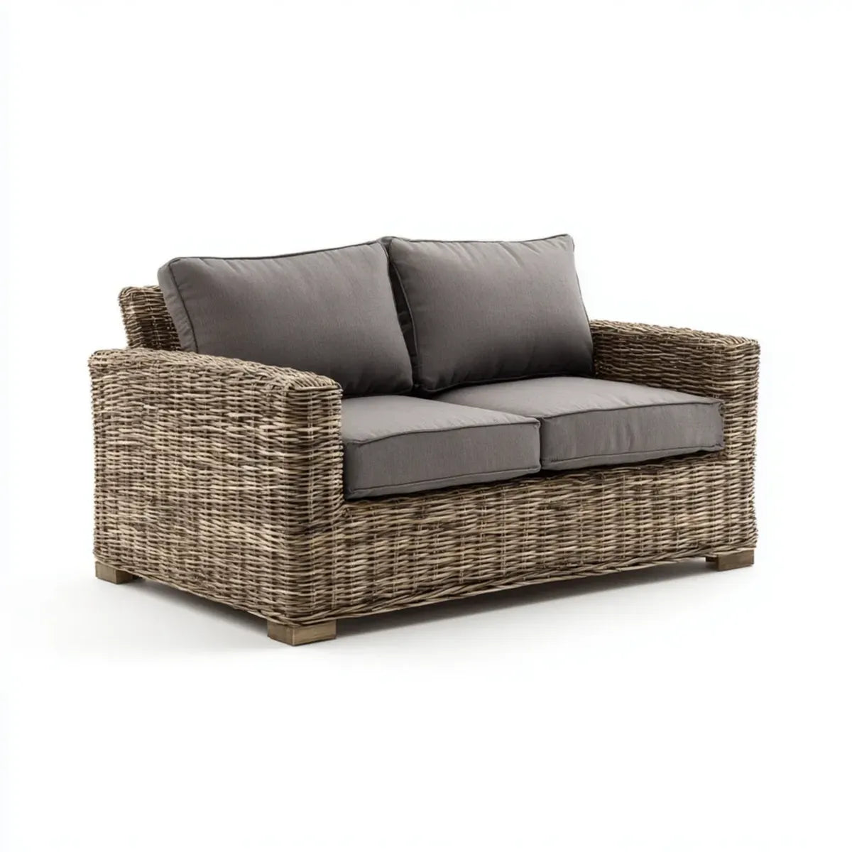 Canapé de jardin 2 places marron et gris en rotin naturel avec coussins rectangulaire 150 x 85 x 82 cm