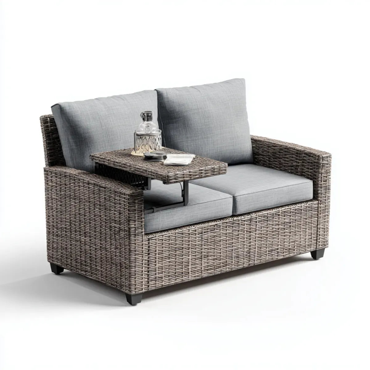 Canapé de jardin 2 places gris en rotin synthétique PE avec tablette relevable 145 x 75 x 88 cm