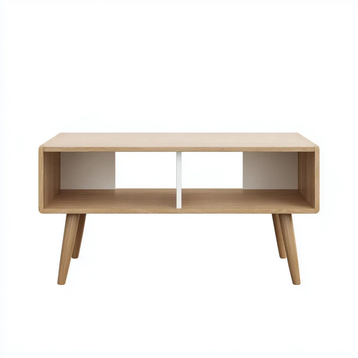 Table basse rectangulaire chêne clair en MDF plaqué chêne avec 2 niches de rangement 100 x 50 x 45 cm