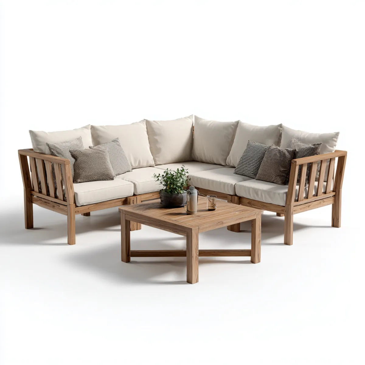 Salon de jardin d'angle 3 pièces beige en acacia massif avec coussins 200 x 200 cm