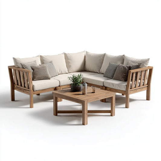 Salon de jardin d'angle 3 pièces beige en acacia massif avec coussins 200 x 200 cm
