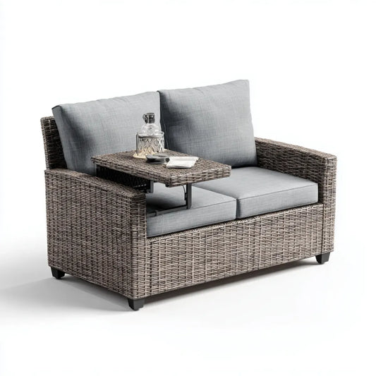 Canapé de jardin 2 places gris en rotin synthétique PE avec tablette relevable 145 x 75 x 88 cm