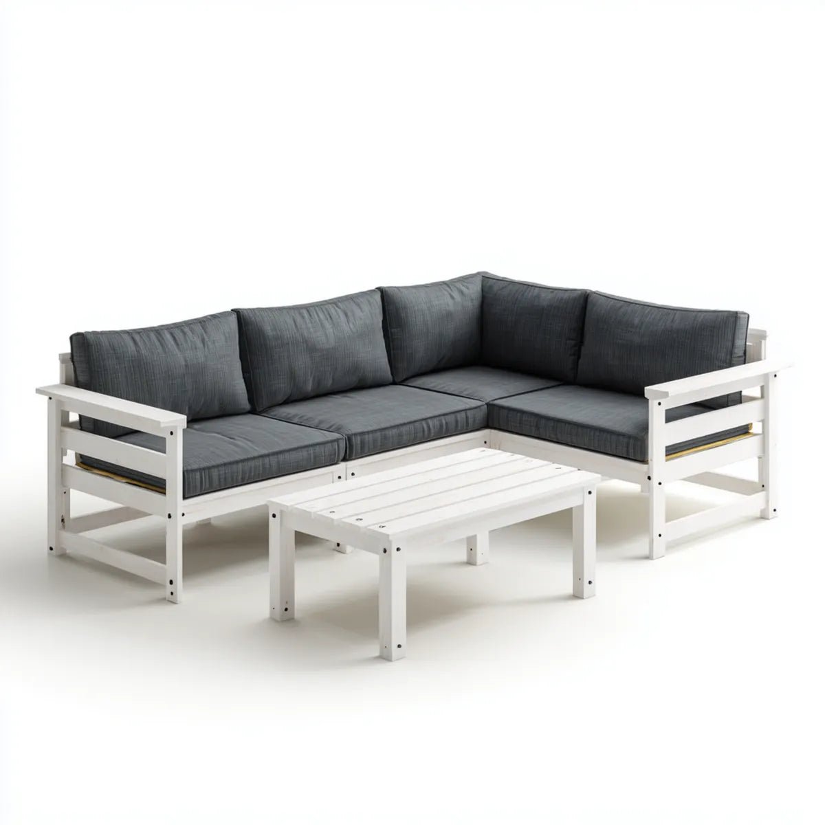 Salon de jardin d'angle 4 places blanc et gris anthracite en pin massif avec table basse 210 x 210 cm