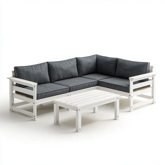 Salon de jardin d'angle 4 places blanc et gris anthracite en pin massif avec table basse 210 x 210 cm