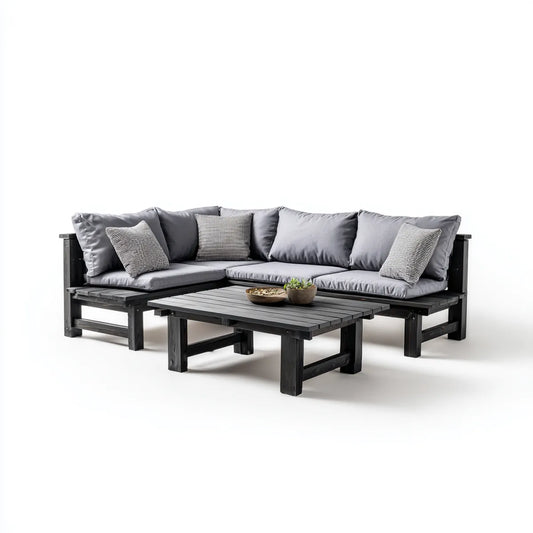 Salon de jardin d'angle 3 pièces noir et gris en acacia massif avec coussins 210 x 210 x 70 cm