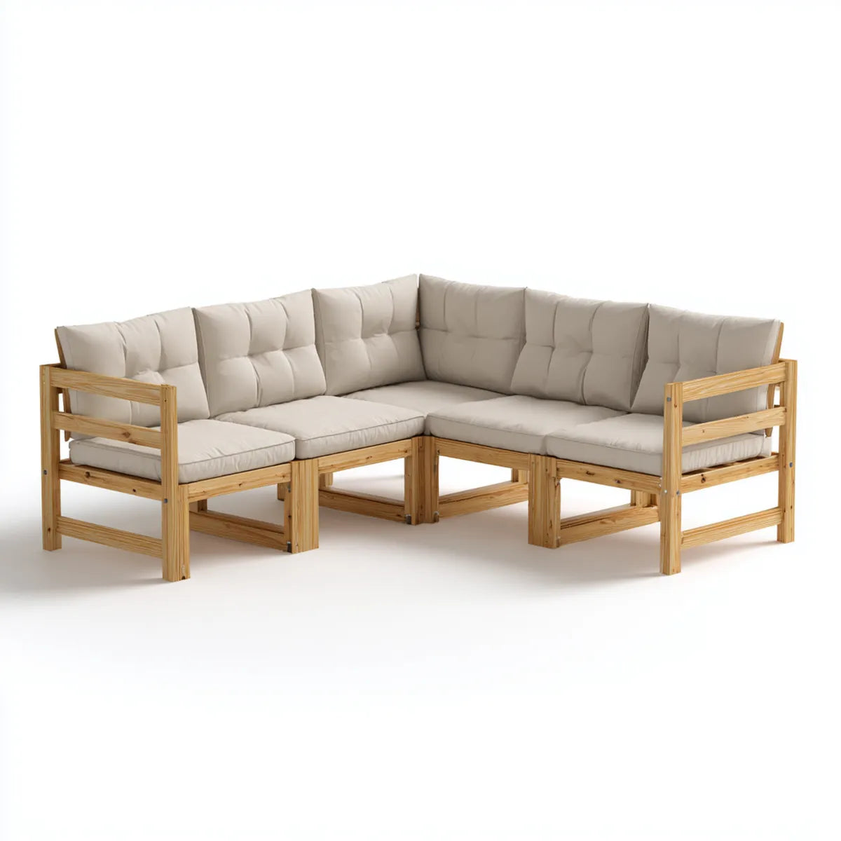 Salon de jardin d’angle 5 places en bois massif de pin naturel avec coussins beige 210 x 210 x 80 cm