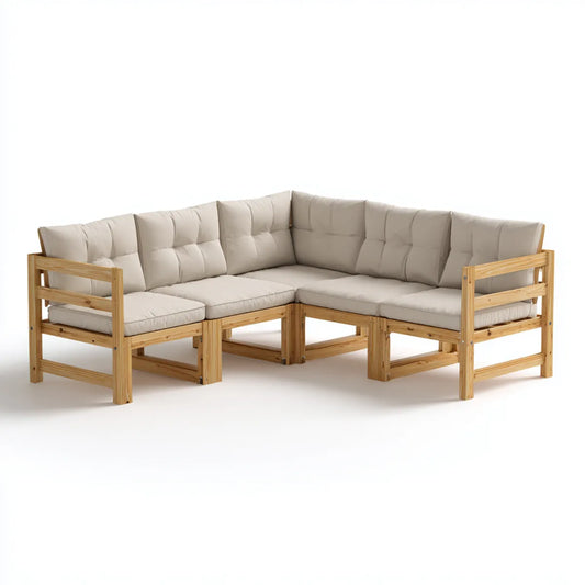 Salon de jardin d’angle 5 places en bois massif de pin naturel avec coussins beige 210 x 210 x 80 cm