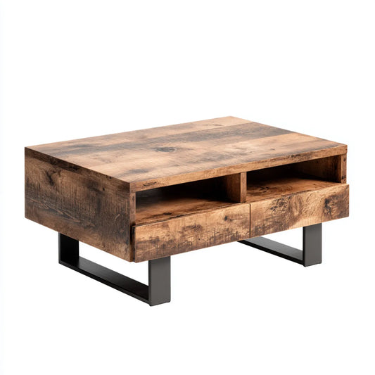 Table basse rectangulaire marron en bois massif de manguier et acier 100 x 60 x 45 cm avec 2 tiroirs