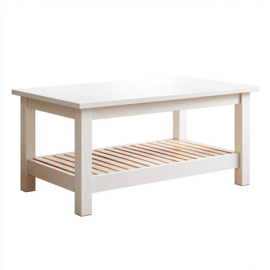 Table basse rectangulaire blanche avec tablette basse à lattes en pin massif 118 x 58 x 45 cm