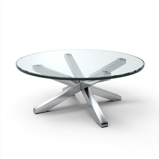 Table basse ronde transparente en verre et acier chromé diamètre 100 cm hauteur 45 cm