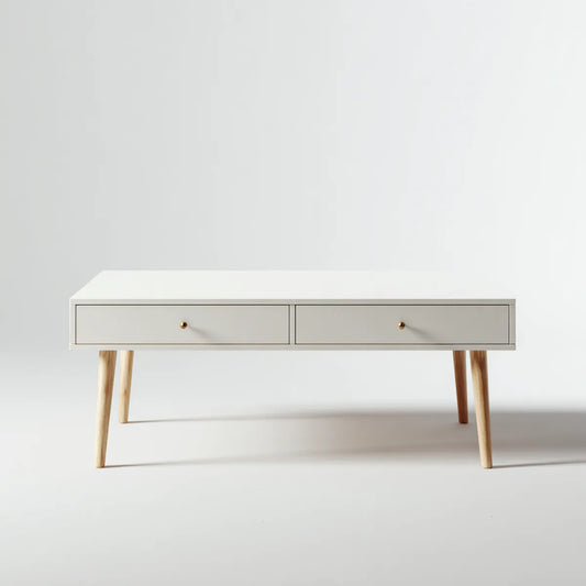 Table basse rectangulaire blanche avec 2 tiroirs pieds en bois massif 120 x 50 x 45 cm