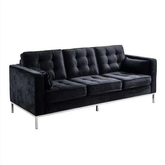 Canapé droit 3 places noir en velours de polyester 220 x 90 x 85 cm