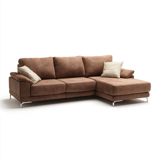 Canapé d’angle 3 places marron en microfibre polyester avec méridienne droite 270 x 165 x 88 cm