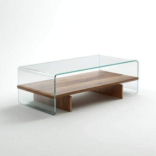 Table basse rectangulaire transparente en verre trempé et noyer massif 120 x 60 x 40 cm