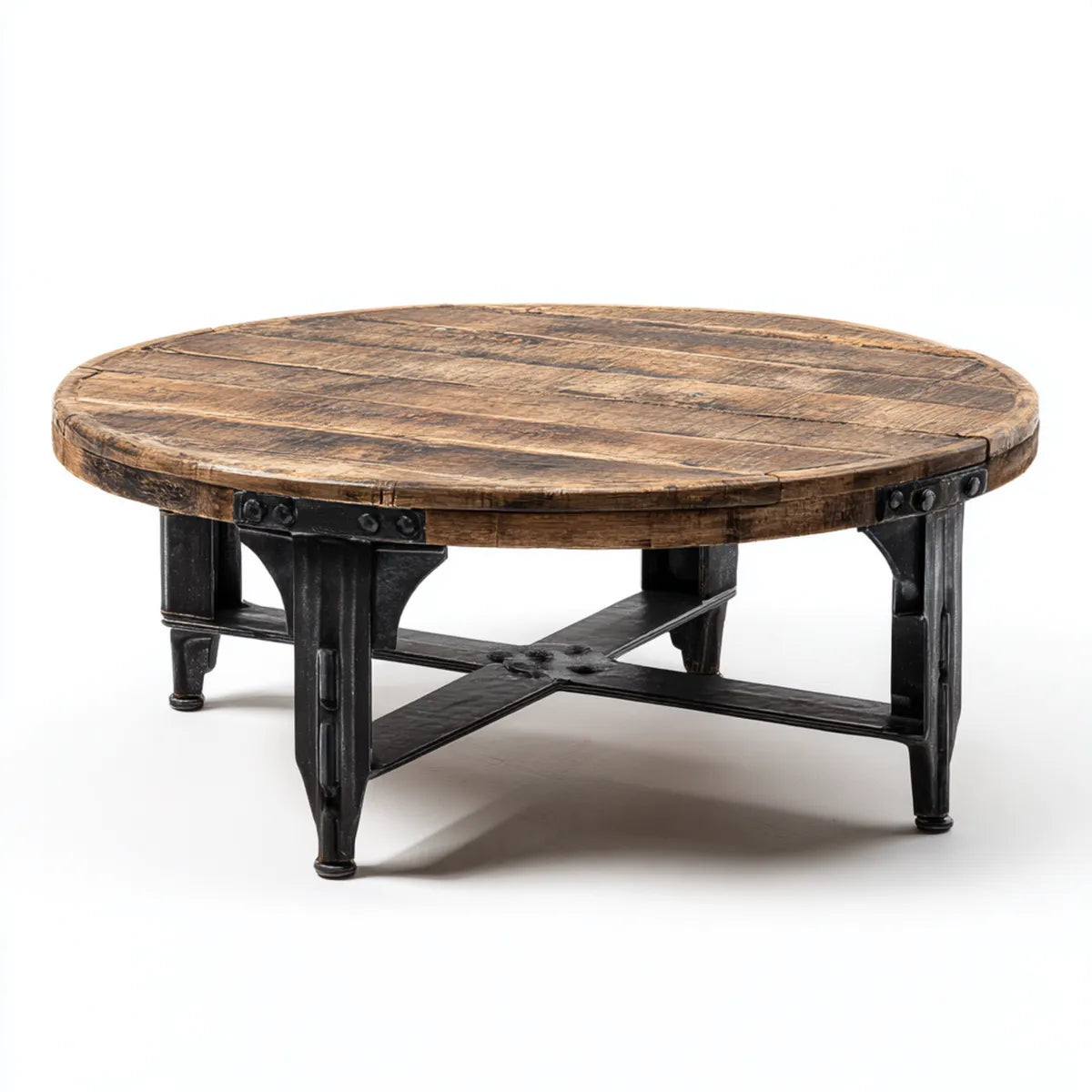 Table basse ronde marron et noir en bois massif et acier 100 x 100 x 45 cm