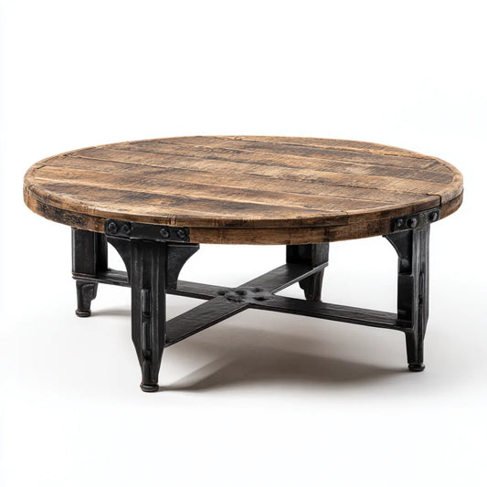 Table basse ronde marron et noir en bois massif et acier 100 x 100 x 45 cm