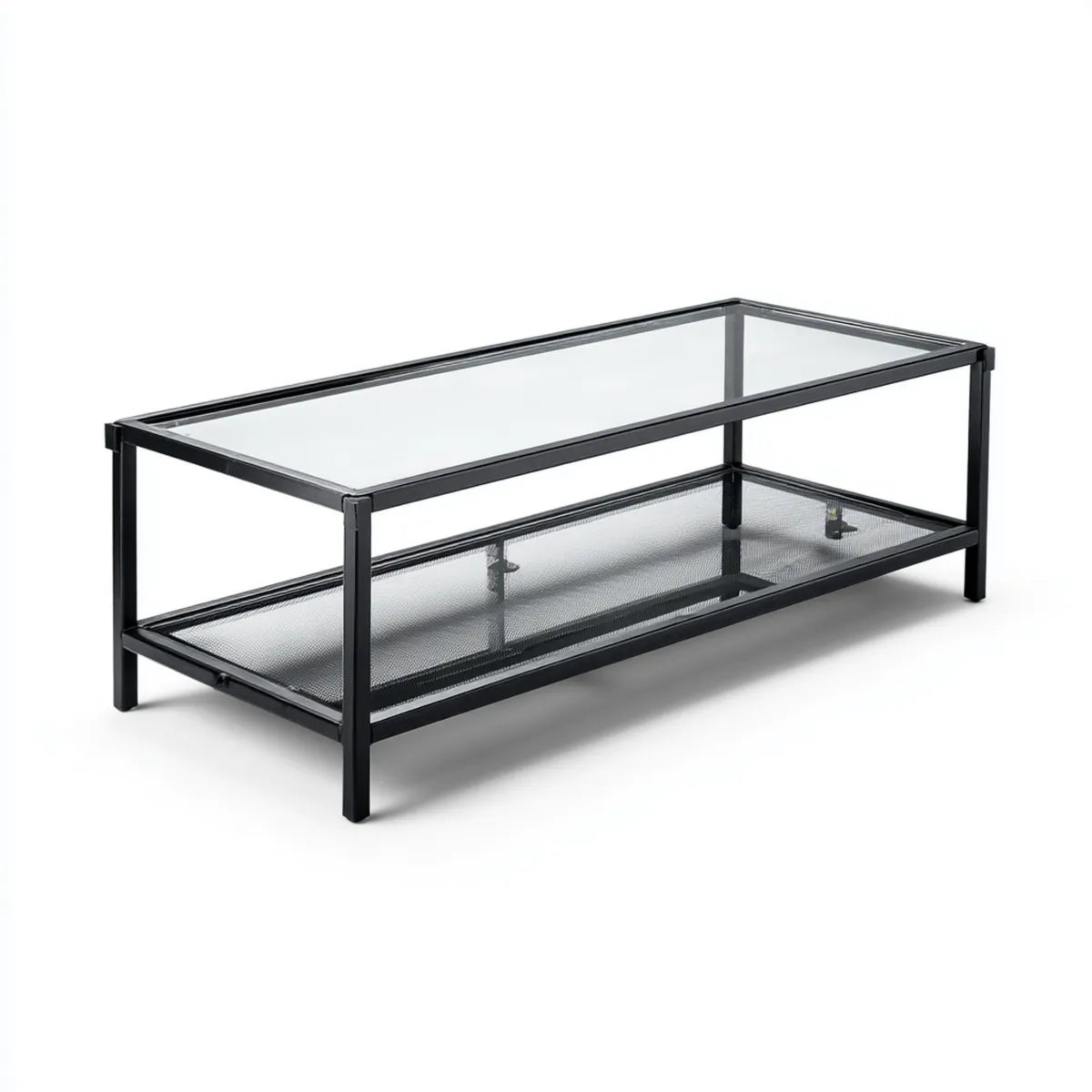 Table basse rectangulaire noire avec plateau en verre trempé et étagère grillagée 100 x 50 x 45 cm