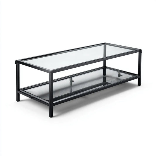 Table basse rectangulaire noire avec plateau en verre trempé et étagère grillagée 100 x 50 x 45 cm