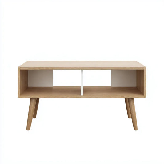Table basse rectangulaire chêne clair en MDF plaqué chêne avec 2 niches de rangement 100 x 50 x 45 cm